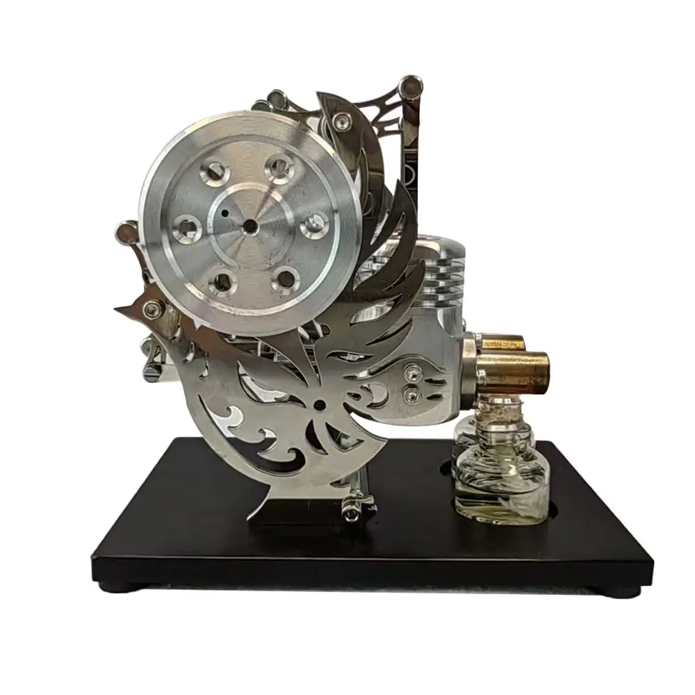 Metal cylinder Stirling engine generator with movable engine, miniature external combustion engine model, dual cylinder