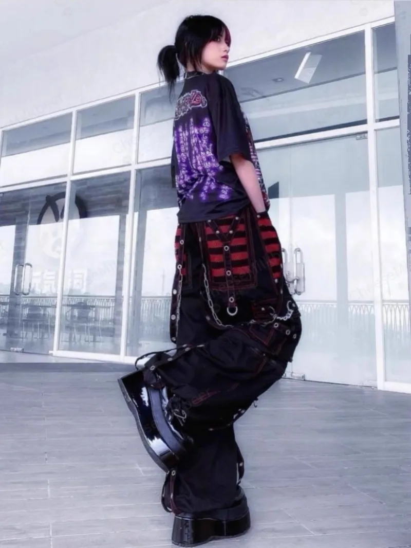 Primavera y verano japonés Punk Rock 90s subcultura Retro calle nicho diseño contraste cadena de colores monos rectos mujeres