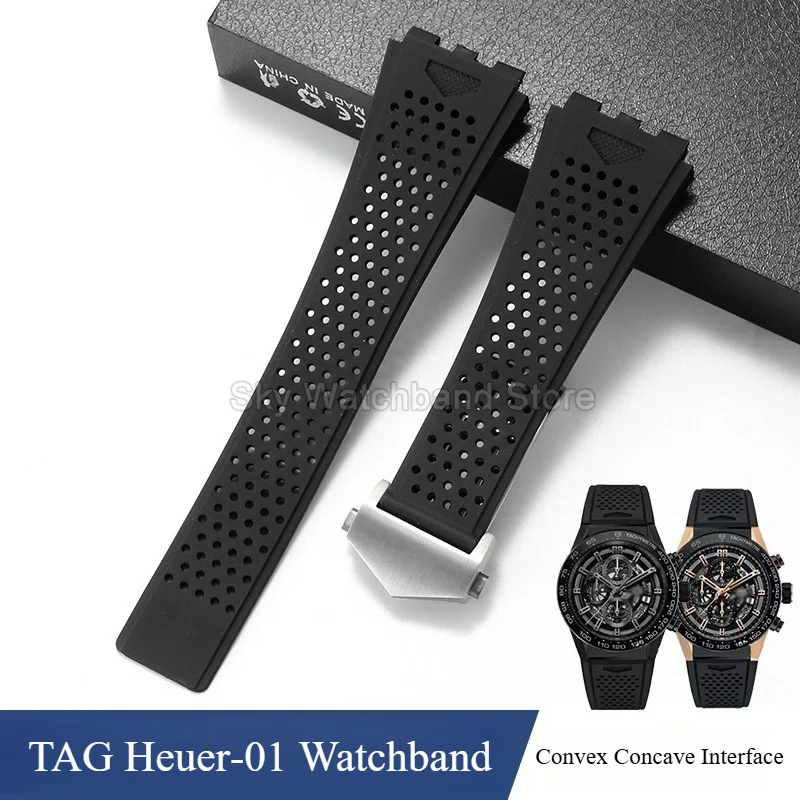 Black Liquid Silicone Watch Strap 22x28mm with Dense Honeycomb Perforation for TAG Heuer‑01 CARRERA FT6071 FT6044 FC6400 Band