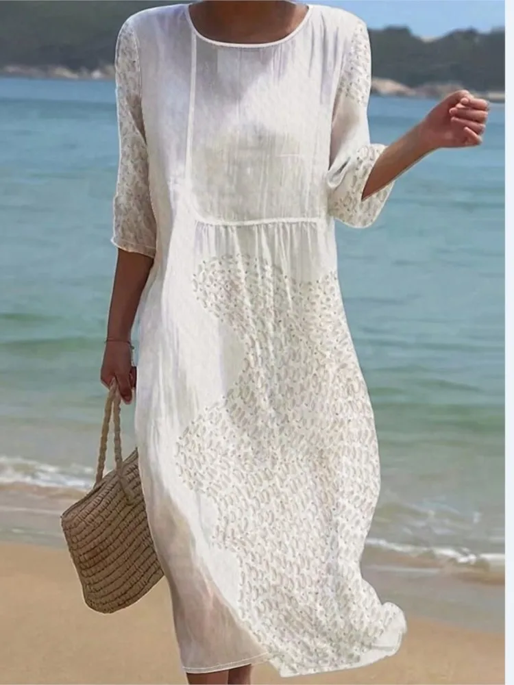 

New Spring And Summer Short-sleeved Printed Temperament Long Skirt Dress Fashionable Casual Slim And Fresh Casual Skirt Females