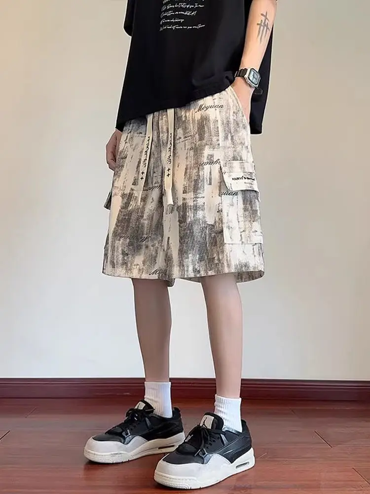 

Американские рабочие шорты с эффектом окрашивания, мужские, летние, новые, трендовые, повседневные, свободные, прямого кроя, спортивные, длиной до колена