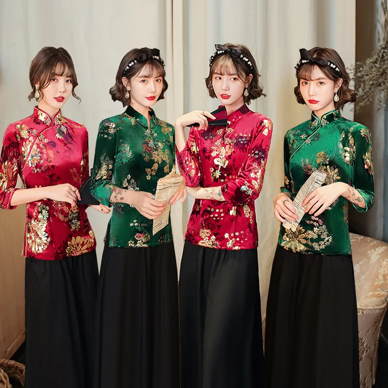 Autumn and Winter New Cheongsam Top Velvet Retro Slim Fit Women's Clothing Show Performance Clothes