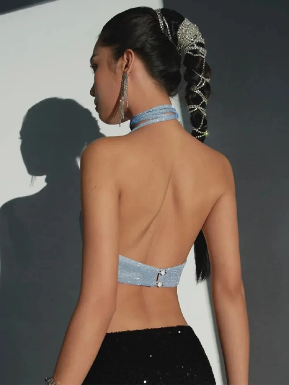 

Halter Top Glitter Tanks 2025 Summer Outfits Blue Bright Silk Camis Ruched Top Crop Backless Vests Sexy Tops Cropped Clothes