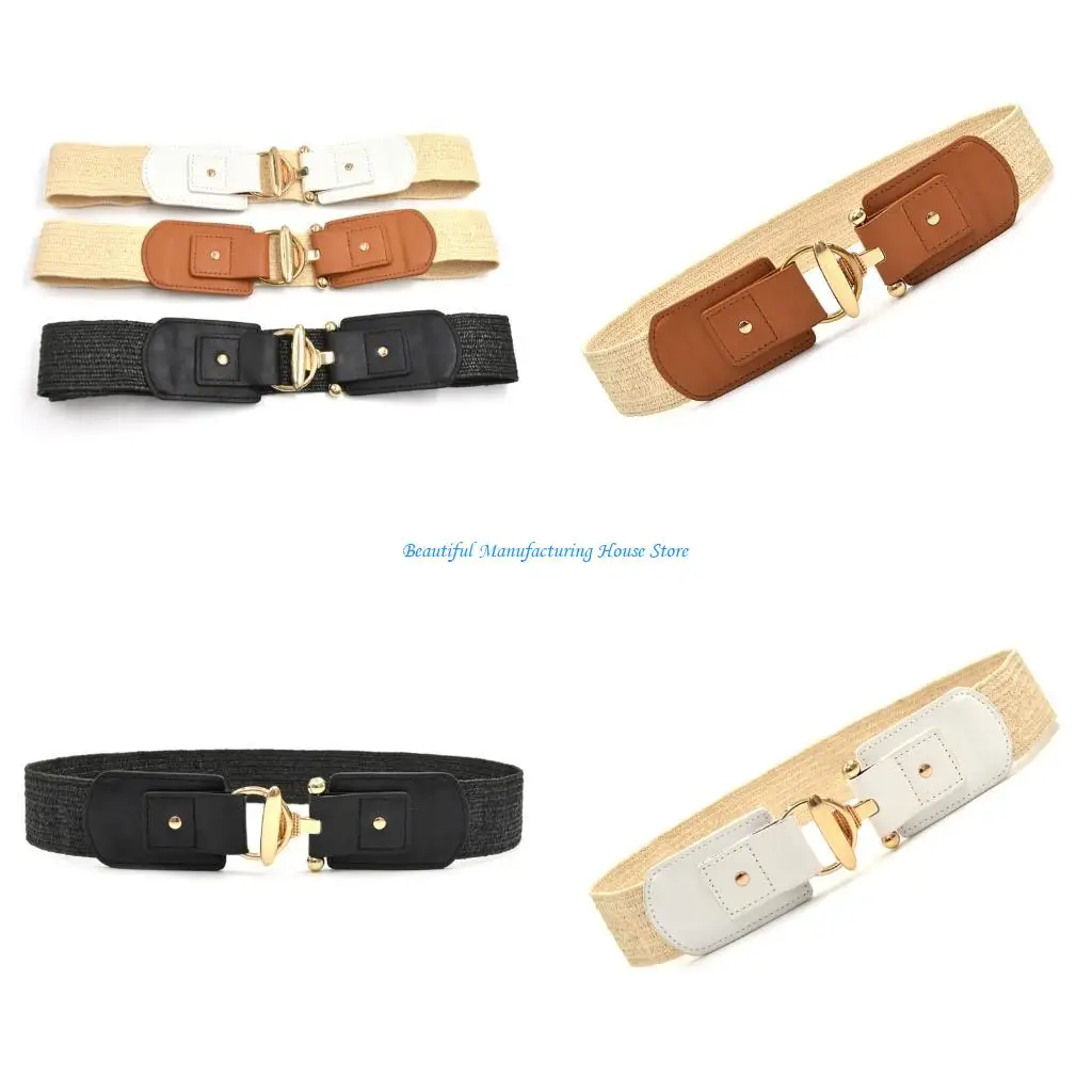E56A Retro Adjustable Waist Cincher Elastic Woven PP Straw Belt Natural Texture Gold Clasp Women's Fashion Accessory