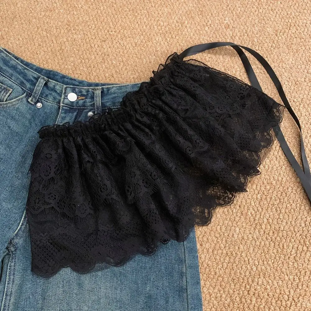 

Fashion Balletcore White Lace Fart Curtain Ballet Style Lace Up Ruffle Short Skirts Flower Layered Butt Curtain Jeans Decorative