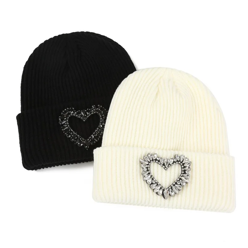 Rhinestone Love Hollow Knitted Hat Autumn Winter Diamond Set Decorative Flanged Wool Hat Warm Cold Hat for Women Girls Outdoor