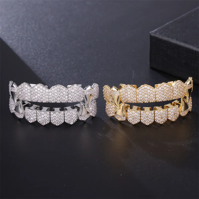 TrendMen Hiphop Rock Vampire Copper Zirconia Tooth Socket Dental Crown For Men Boys Gold Color Metal Crystal Party Jewelry Gifts