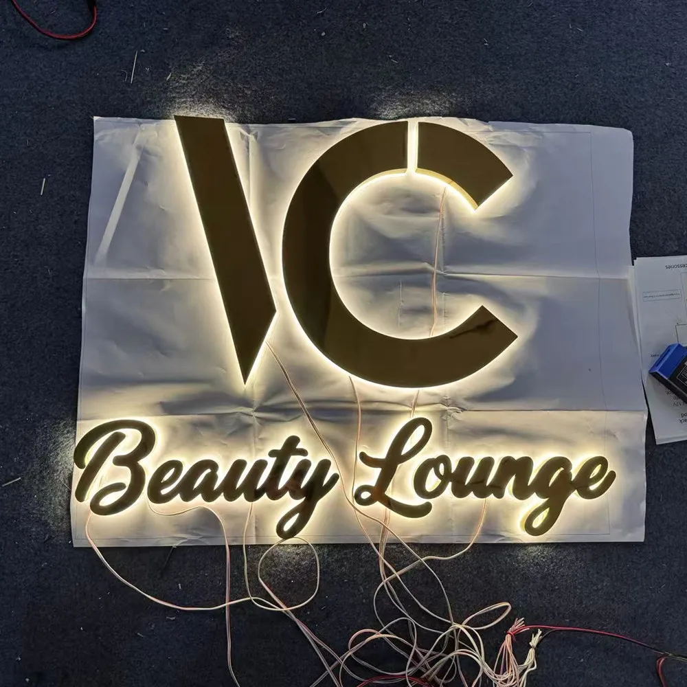 Custom Indoor/Outdoor 3D LED Front Lit Metal Sign Gold Titanium Channel Letters Office Wall Decor