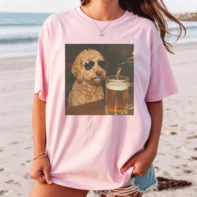 Funny Goldendoodle Drinking Beer T Shirt Women Animal Meme Tshirt Dog Lover Funny Doodle T-Shirt Beer Lover Clothes