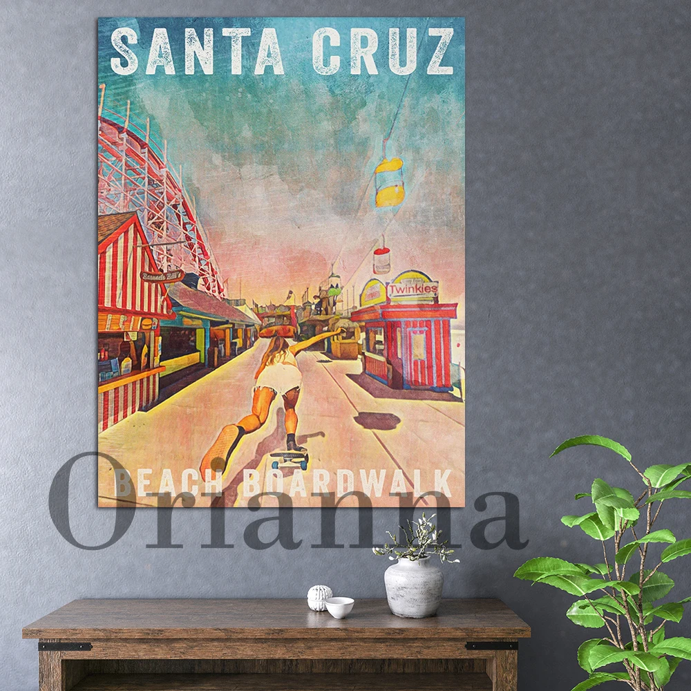 Santa Cruz Beach Boardwalk Skater Gir California Travel Retro Wall Art Canvas Prints Poster Living Room Decor Painting