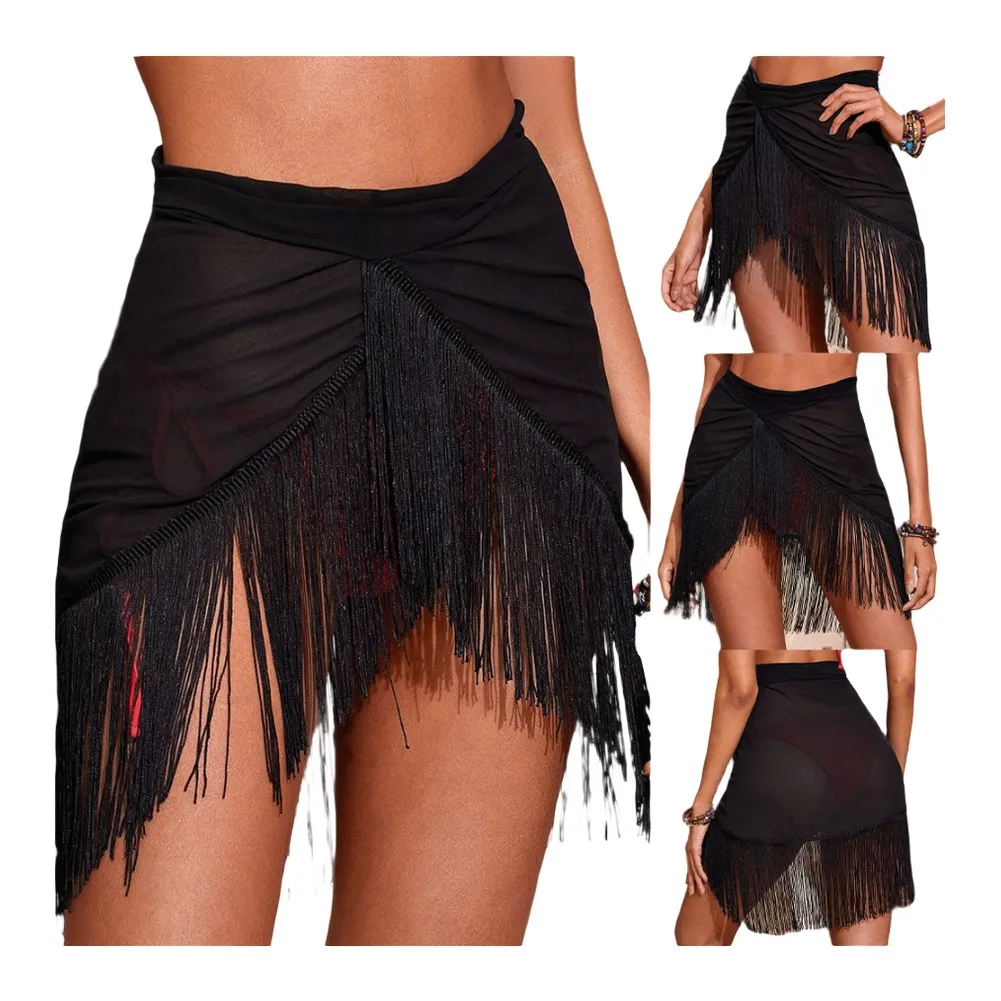 

Sexy See Through Women Swimming Skirts Irregular Sarong With Tassels Decor Cover-Ups Black Color Sunscreen Wrap