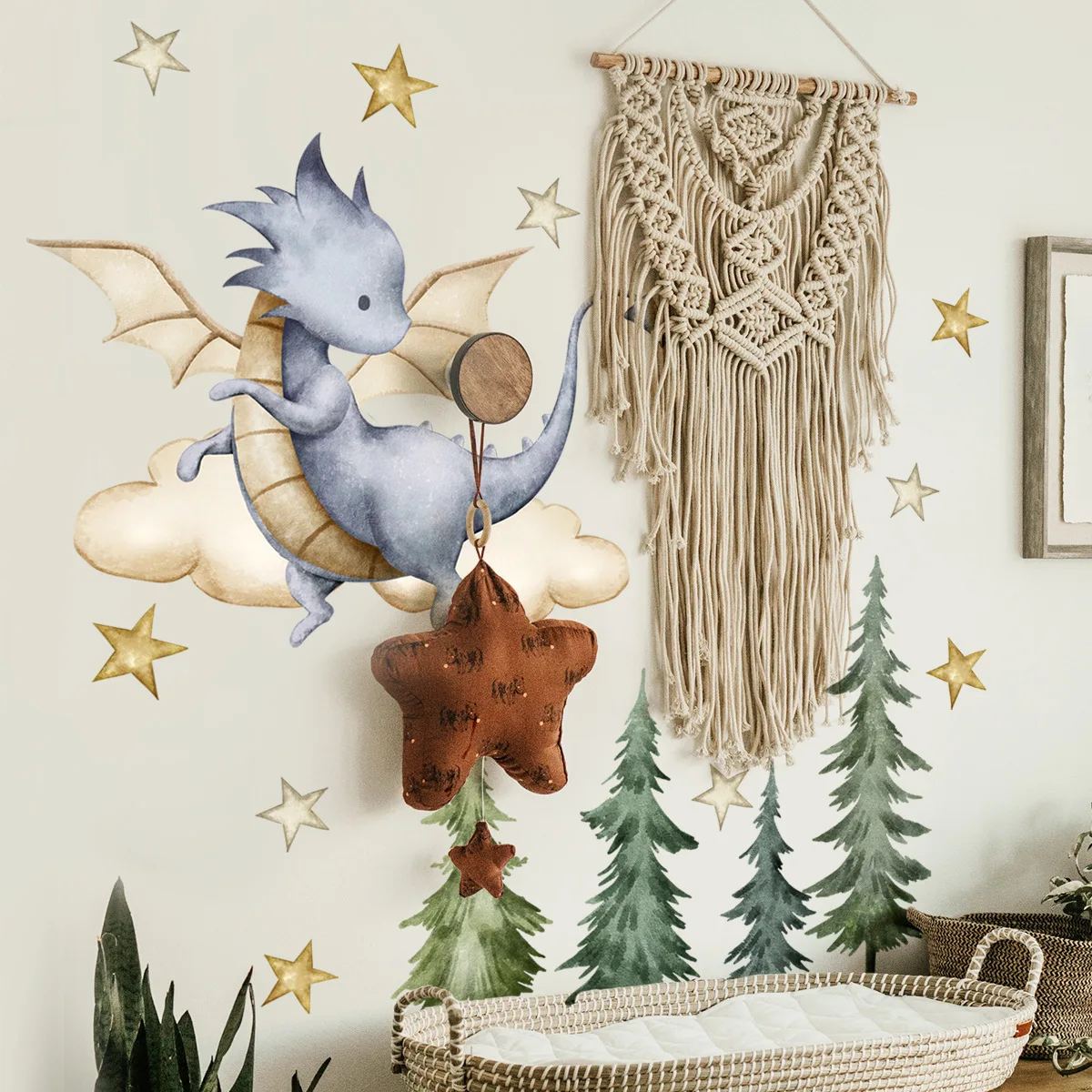 Cartoon Dinosaur Pine Tree Star Wall Sticker Removable Self-Adhesive Baby Dragon Wall Decals for Kids Room Boys Bedroom Decor