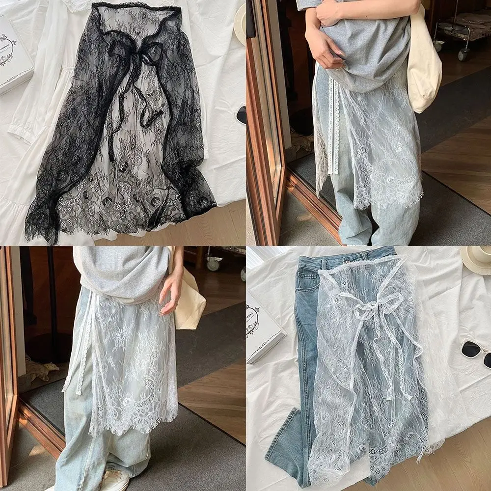 

High Waist Lace Midi Skirt Embroidered Flower See Through Lace Drawstring Skirt Y2K Streetwear Irregular Side Slit