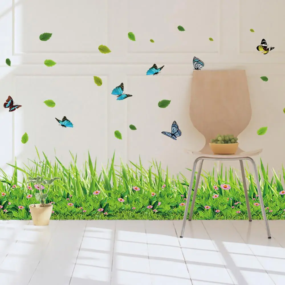 50*70cm Green Grass Butterfly Flowers Baseboard PVC Wall Sticker Kids Room Colorful Background Removable Mural Home Decal Decor