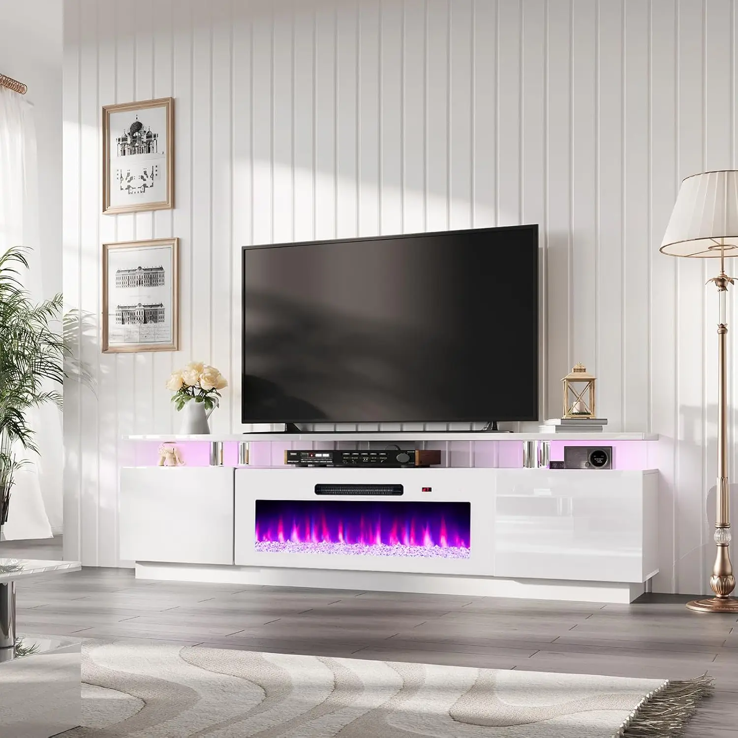 

Fireplace TV Stand with 40" Fireplace, 80" Modern High Gloss Fireplace Entertainment Center LED Lights