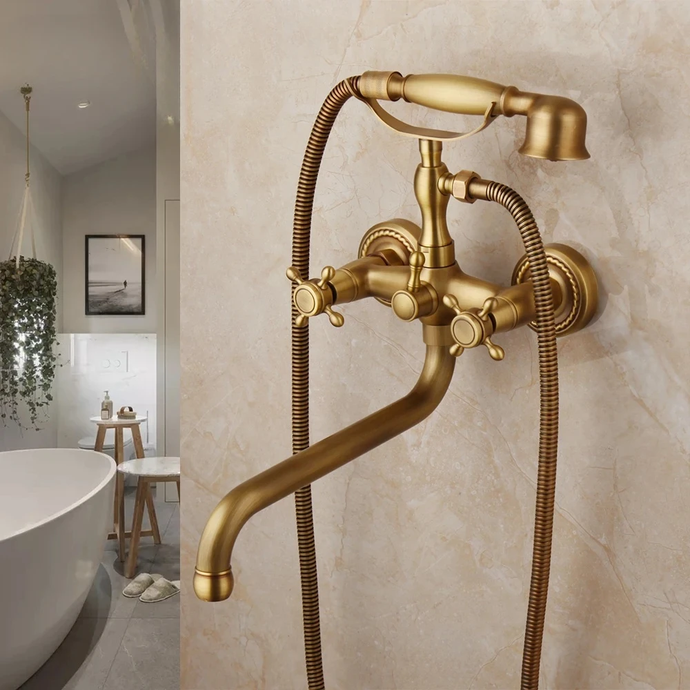 

Antique Brass Bathtub Faucet Wall Mount Waterfall Tub Spout Hot Cold Water With ABS Handshower Mixer Bath Shower Tap