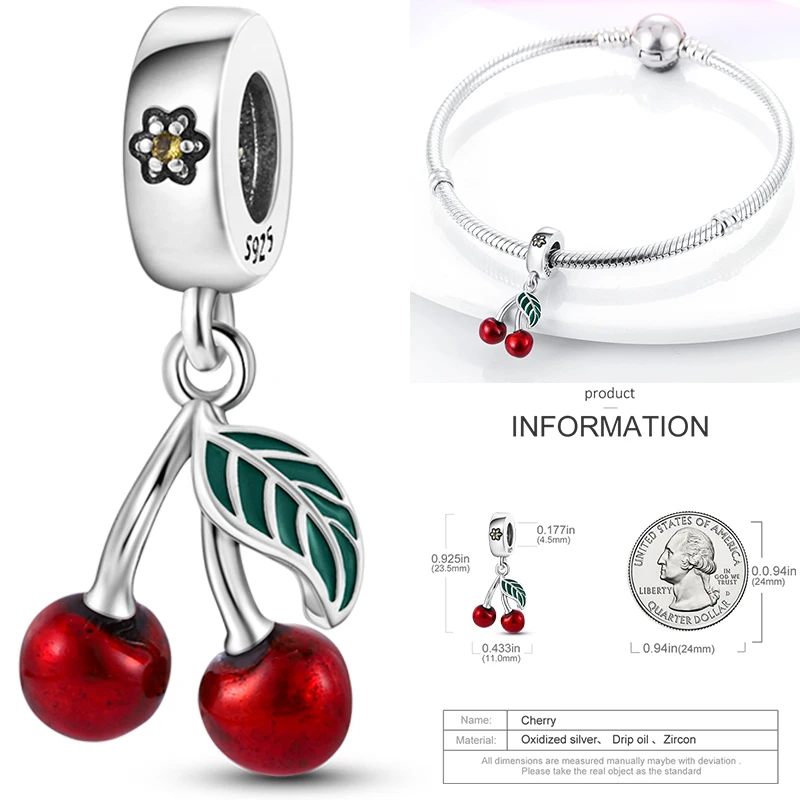 Frucht-Charm 925 Sterling Silber Erdbeere Kirsche Avocado Perlenanhänger Passend für Europäische Armbänder DIY Damenschmuck Geschenk 2026 – Detail 11