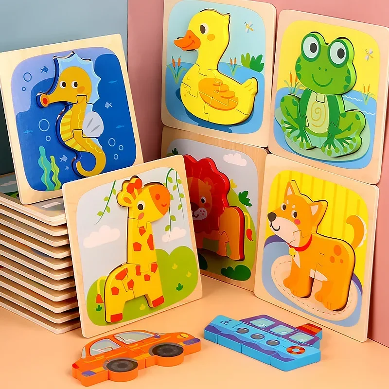 

15*15cm Kids Montessori Toys 3D Wooden Puzzle Baby Cartoon Animal/Traffic Jigsaw Puzzle Toys for Children Early Learning