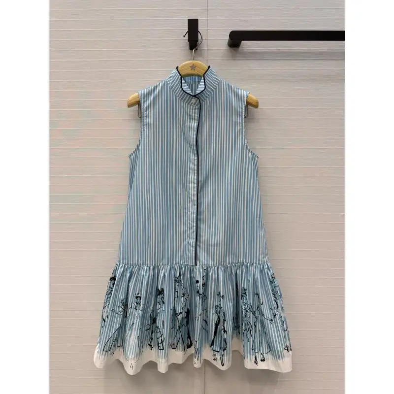 New Early Autumn Women's Elegant Hand-painted Figure Print Striped Doll Dress Vest Dress