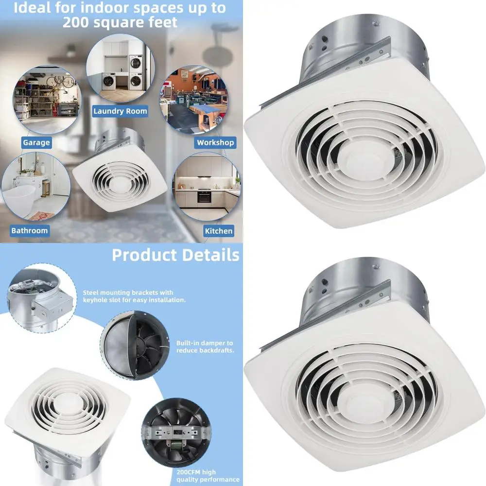 

8 Inch Ceiling Mount Bathroom Exhaust Fan 200 CFM, 8.5 Sones, Ideal for Kitchen, Laundry, and Garage Ventilation