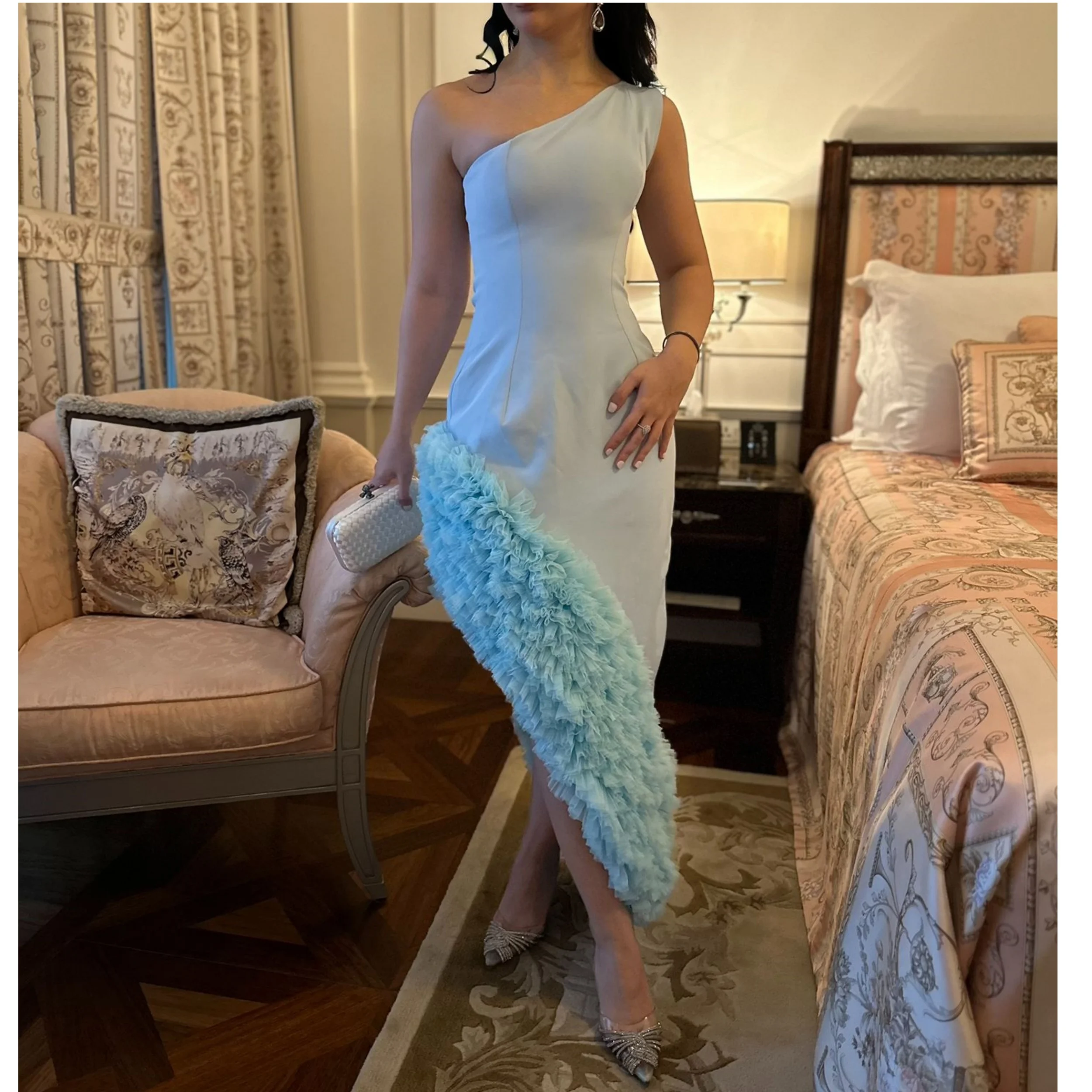 

Sky Blue Mermaid Prom Dresses Morden One Shoulder High Low Vestidos de Fiesta Ruffles Pleat Prom Party Gowns Customized