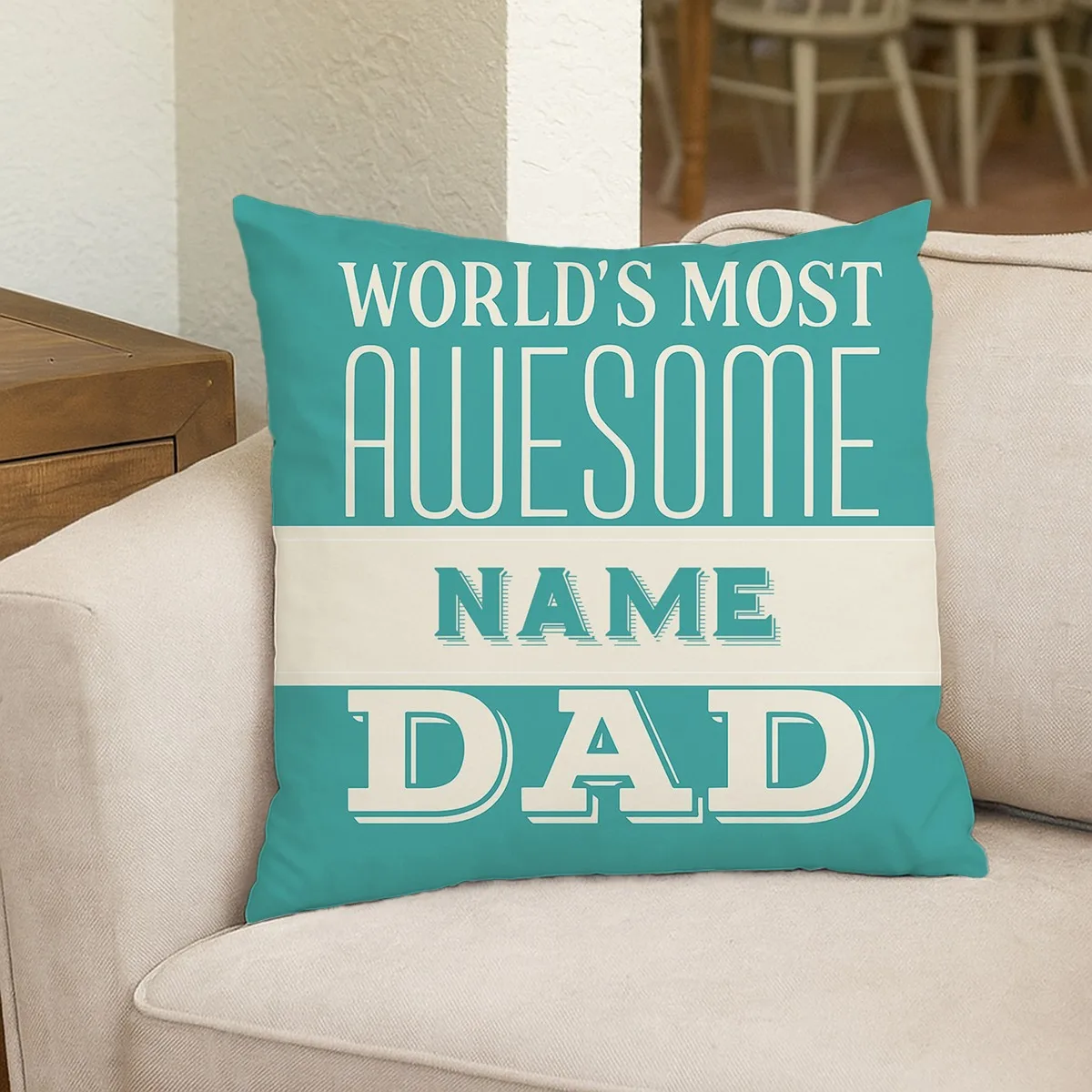 1 personalized 'Dad is my superhero, the best dad in the world' custom name, text, logo, turquoise blue and white print, Father'
