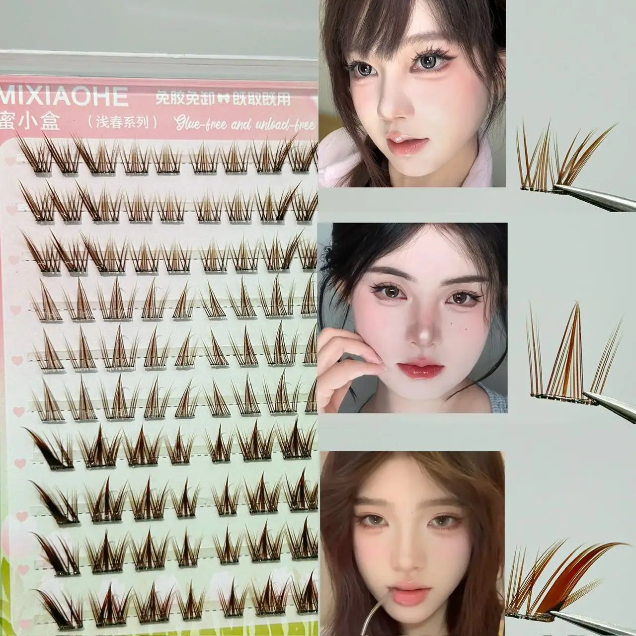 Mixiaohe Glue Free Cluster Eyelashes Caramel Fox Style 100 Clusters D Curl Natural Effect Easy to Use for Daily Makeup