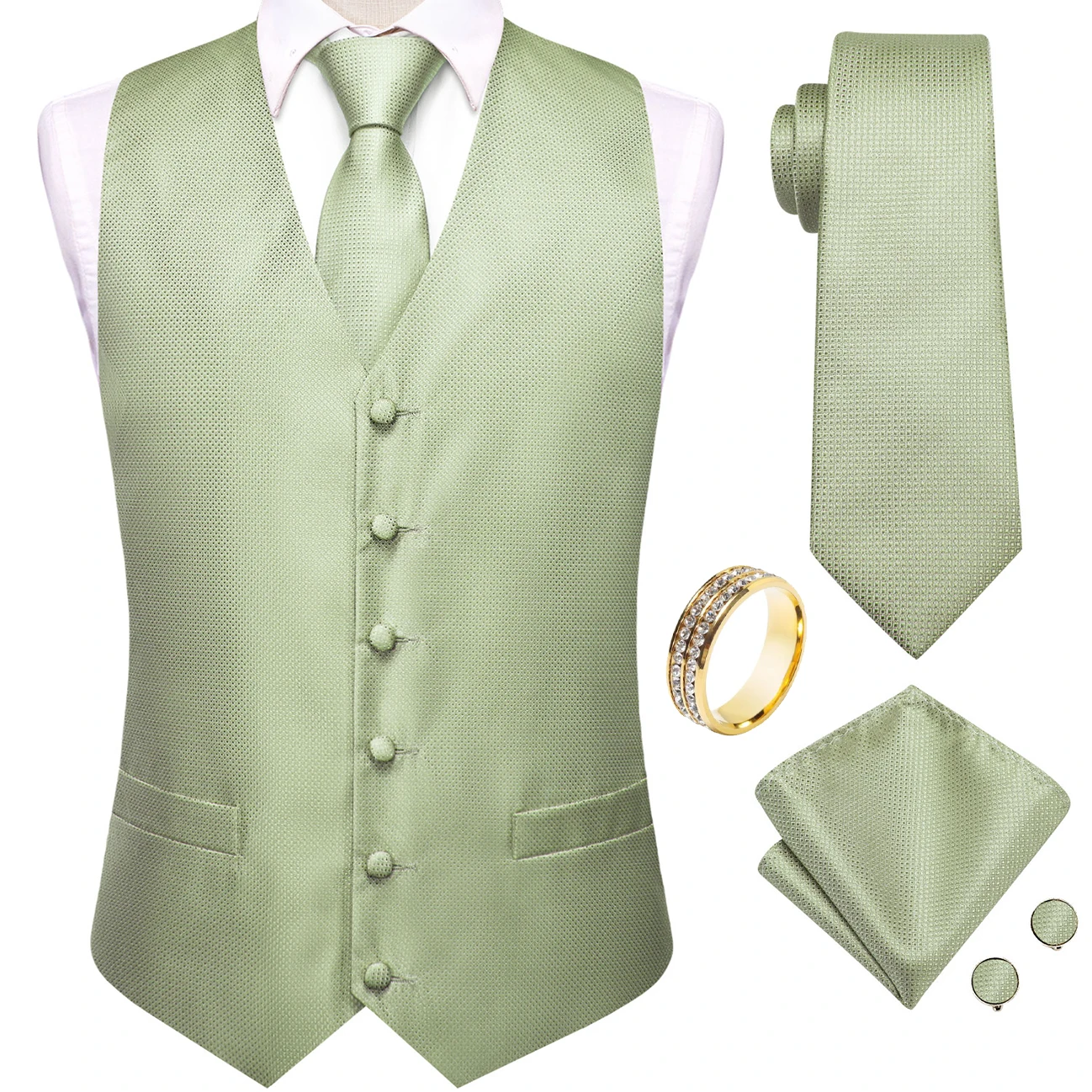 Sage Green Solid V-Neck Vest 5Pcs Combo Tie Square Cufflinks Ring For Gentleman Anniversary Gathering