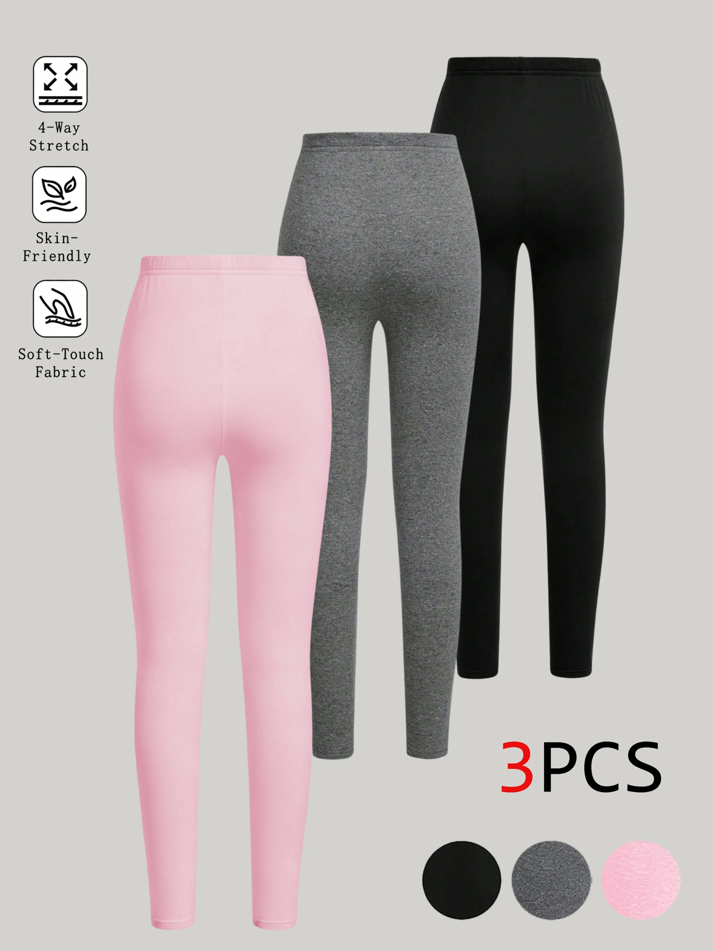 Girls' Leggings 3-Pack: Stretchy, slim-fit pants in pink, gray, and black, featuring a crown-wearing kitten print at the hem—ver