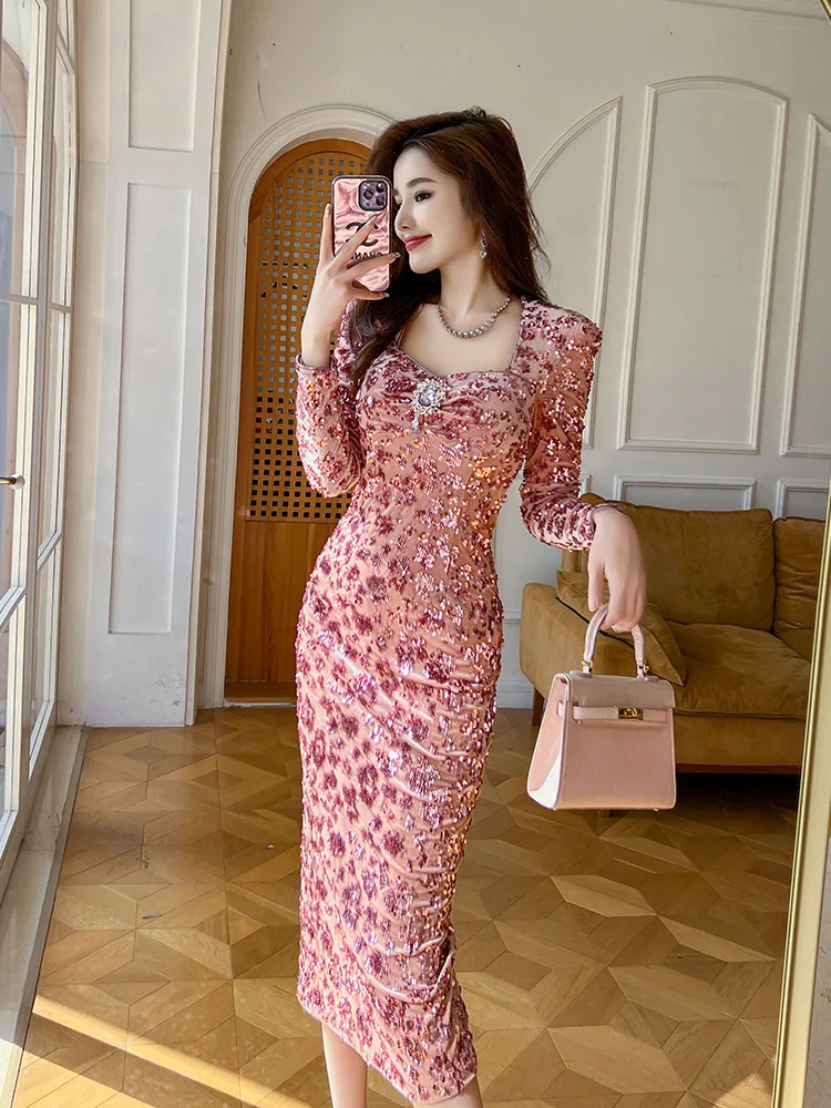

Coigarsam Dress Women Office Lady French Style Solid Zipper Square Collar High Waist Sequins Champagne Powder Dresses