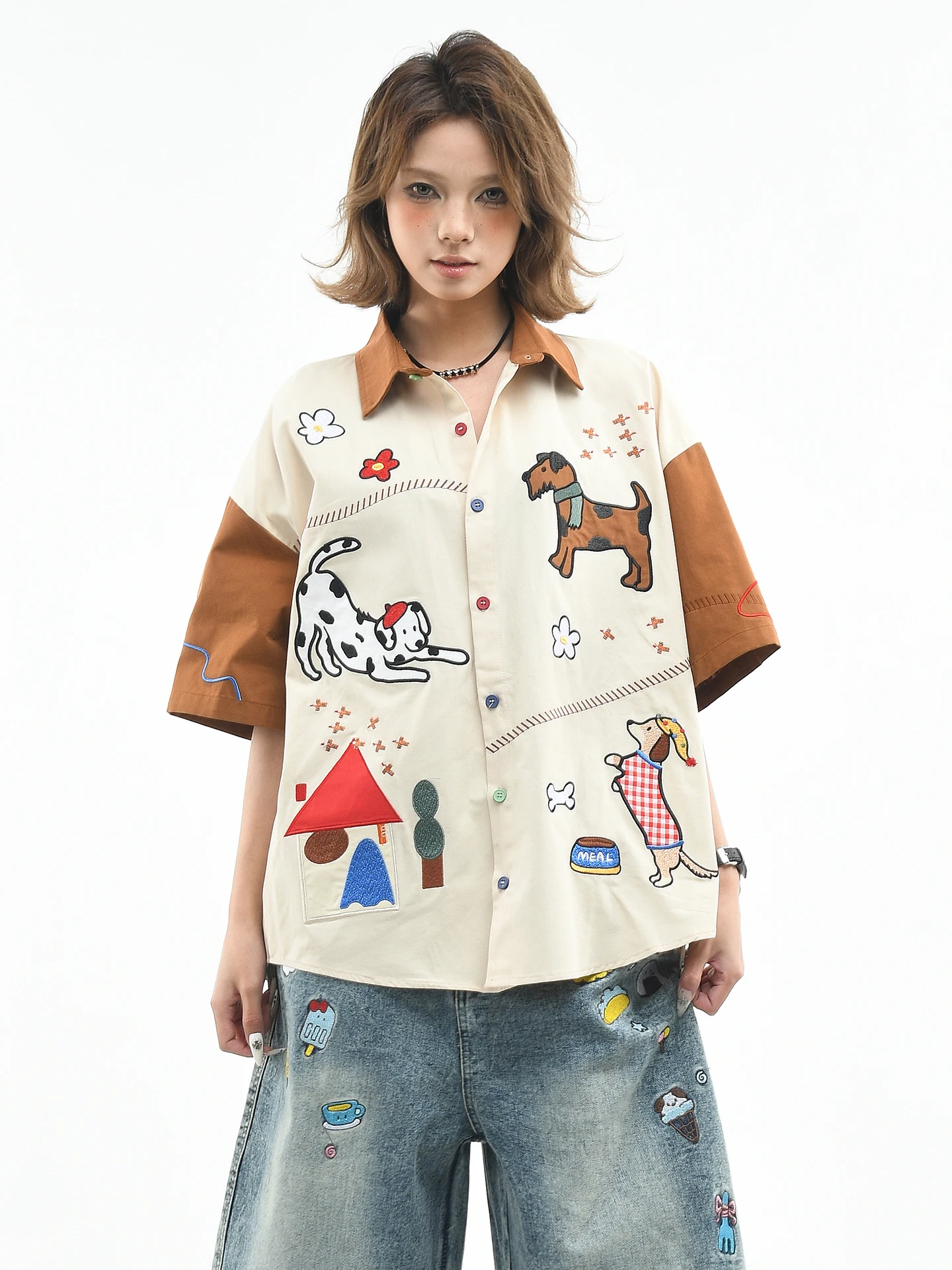 

OV Original Retro Cartoon Sle Color Blo Embroidered ort Sve irt Women Loose Fun Summer Casual irt Trendy Couple