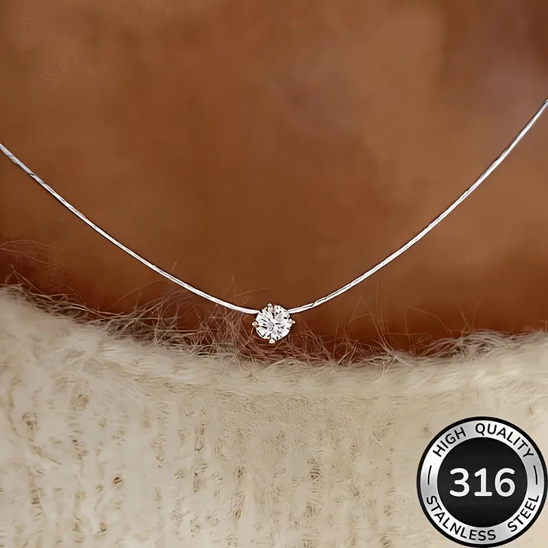316L Stainless Steel Cubic Zirconia Solitaire Necklace Gold Silver Color Waterproof Hypoallergenic Chain Necklaces For Women