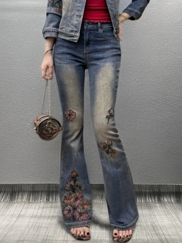 

Spring New plus Size Women's Slim Fit Embroidered Rhinestone Jeans High Waist Bell Bot Casual Sle Plant Floral Pattern