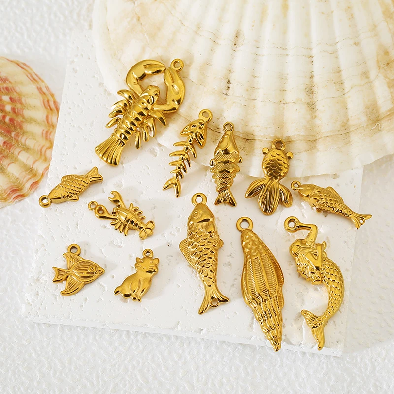 

5pcs Stainless Steel Conch Lobster Cat Mermaid Fish Pendant Ocean Series Charms DIY Necklace Bracelet Jewelry Making Supplies