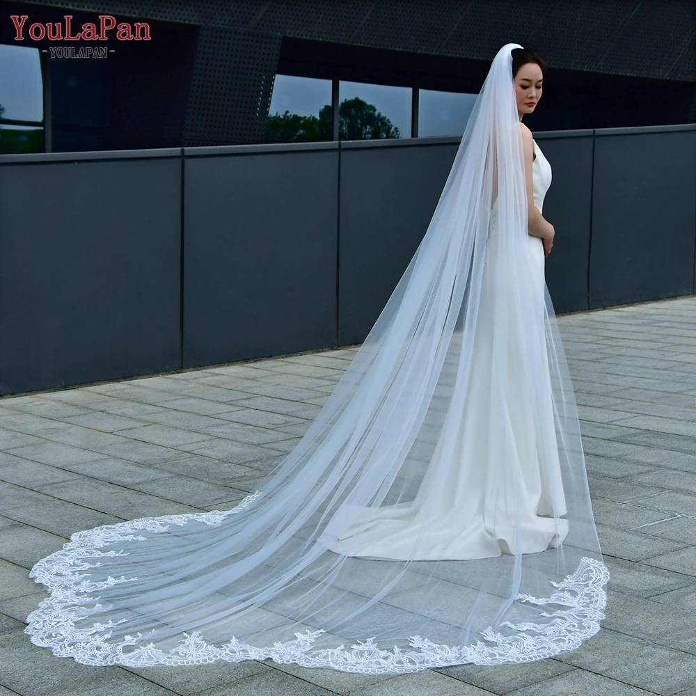 YouLaPan Luxury Wedding Veil Spanish Mantilla Cathedral Bridal Veil Scallop Lace Embroidery Shape Swiss Voile with Comb V166