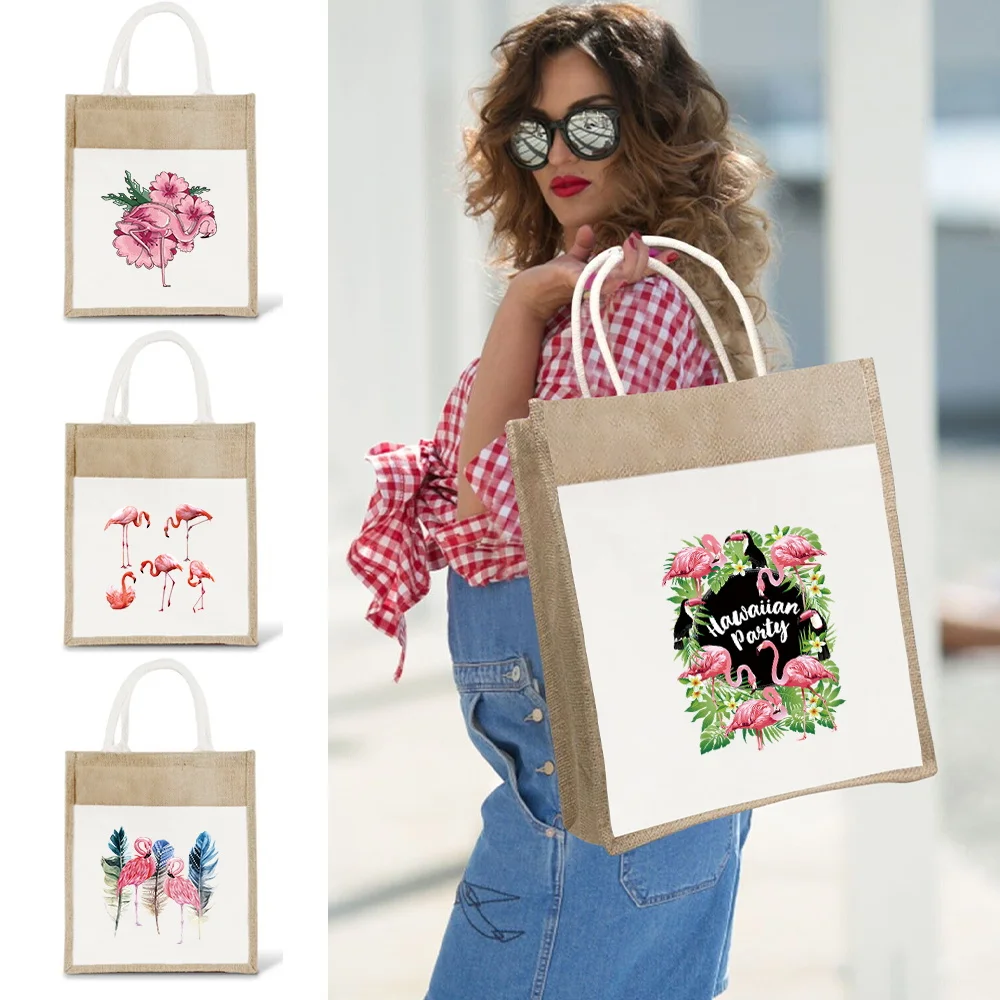 

Minimalist Linen Bag Fashionable Women's Shopping Bags Outdoor Travel Environmentally Friendly Item Storage Bag Flamingo Series