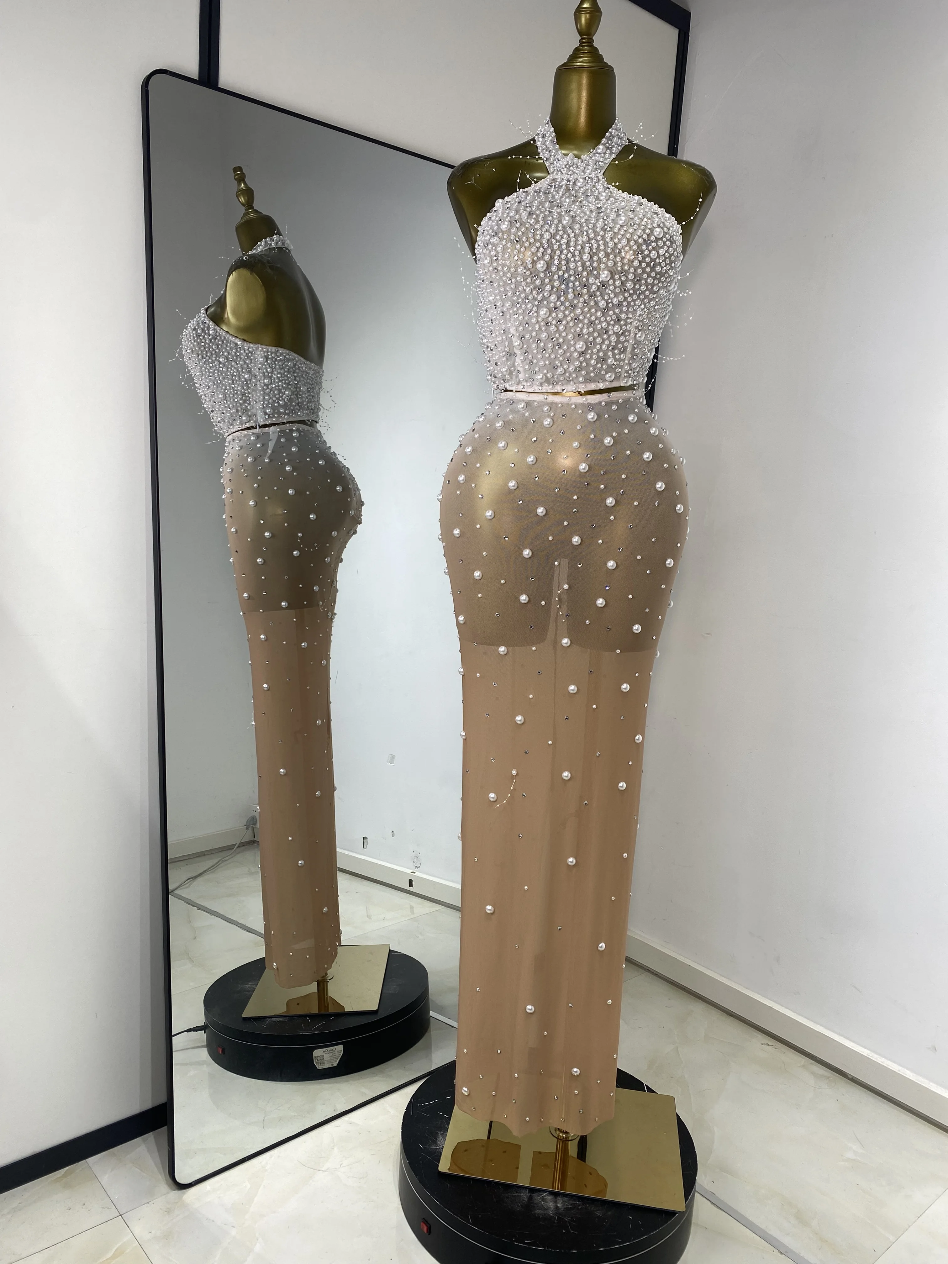 

Women Pearls Rhinestones Halter Crop Top And Long Skirt See Through Outfits Special Occassion Celebrity Evening Club Party Sets