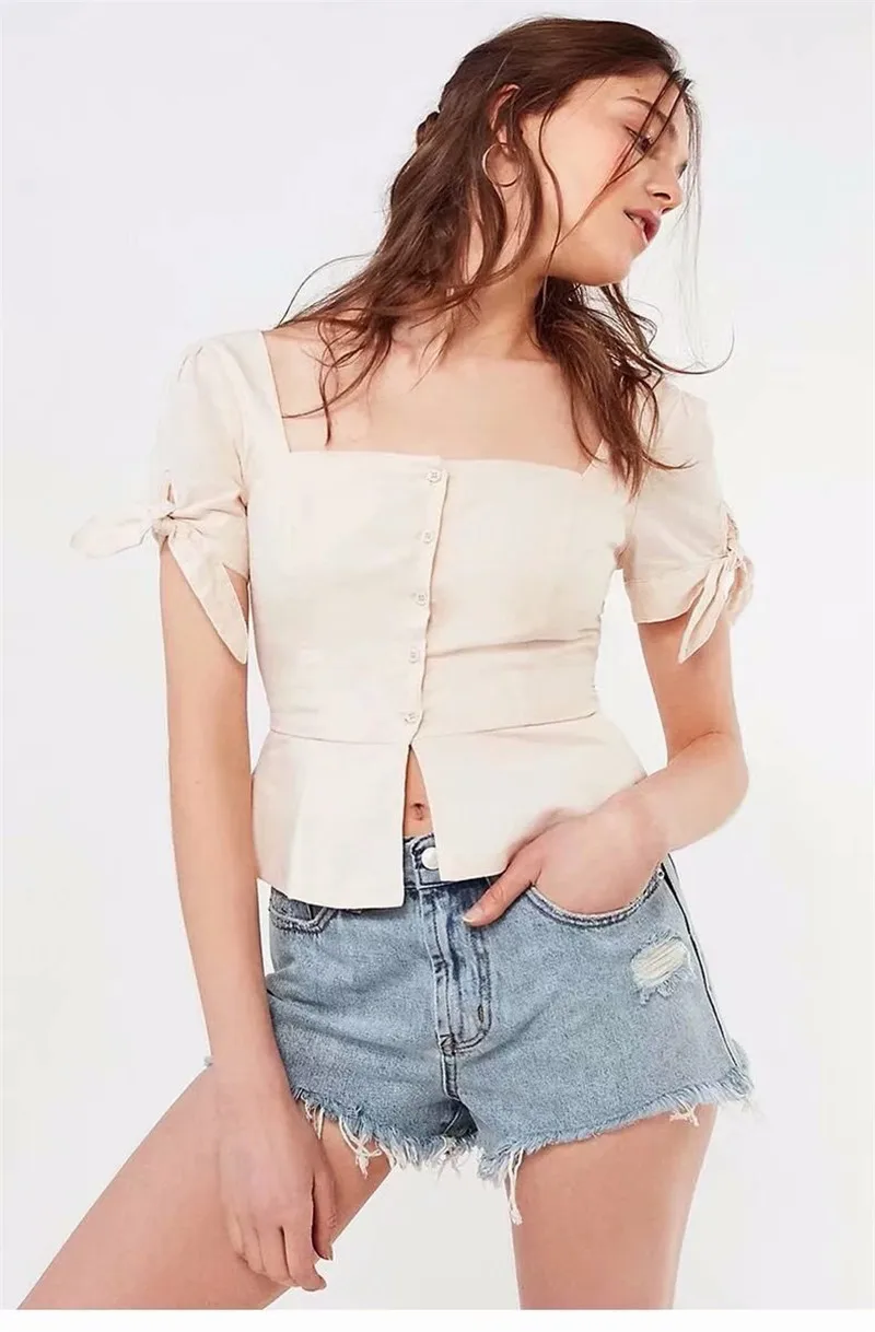 

Bella Philosophy 2022 summer casual cotton linen square collar women short slim blouse solid buttons bow tie sleeve sweet blusas