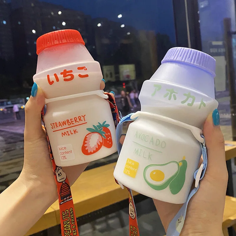 480ml Kawaii Plastic Water Bottle With Cup Strap Drinking Bottle Yakult Shape Cute Milk Carton Shaker Bottle for Kids/Girl/Adult