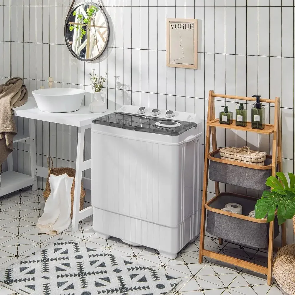 Compact Twin Tub Laundry Washer and Spinner, 26lbs Capacity, 18lbs Wash with 8lbs Spin, Built-in Drain Pump, Timer Control, Idea
