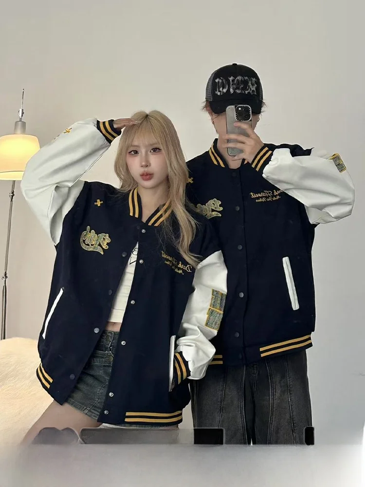 Chaqueta de Béisbol Estilo Americano Hoada para Parejas, Diseño de Bloques de Color con Parches, Prenda Exterior con Insign...