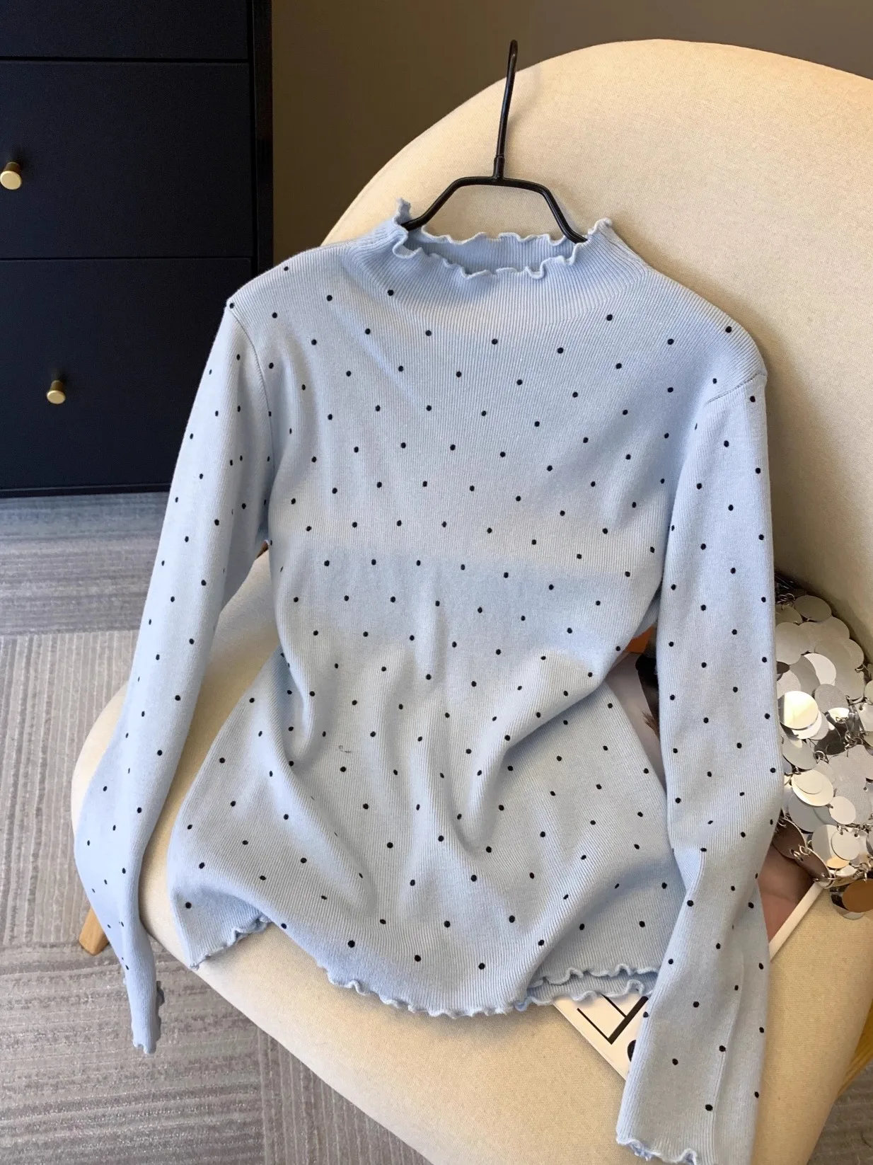 

plus Size Women's Knitwear Polka Dot Long Sve Wood ain Collar Slimming Base irt Trendy Top Autumn Winter Faion