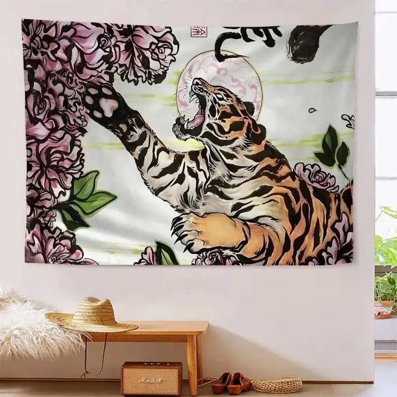 Japanese Ukiyo-e Tiger Tapestry, Roaring Tiger and Peony Wall Hanging, Oriental Art Decor for Living Room and Home Backdrop