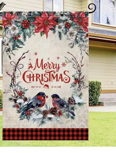 Merry Christmas Garden Flag 12”x18” birds, red buffalo plaid