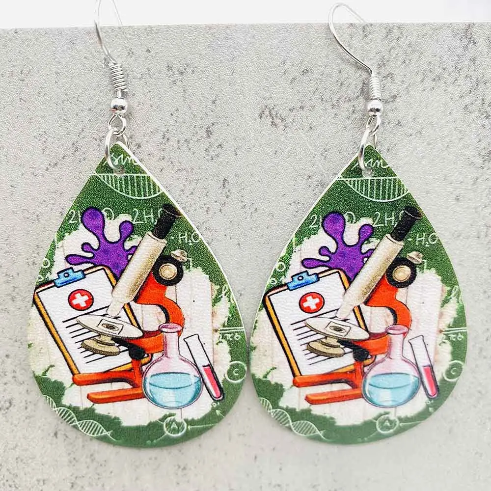 Teacher's Day Earrings Leopard Apple PU Leather Earrings Book Science Experiment Students Back To School Earring for Women Girls