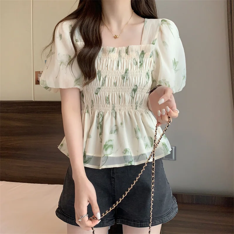 ฤดูร้อนภาษาฝรั่งเศสคําสแควร์คอเสื้อชีฟองแขนฟองดอกไม้พิมพ์เสื้อ Slim หวาน Ruffles Lace Up ผู้หญิงเสื้อ