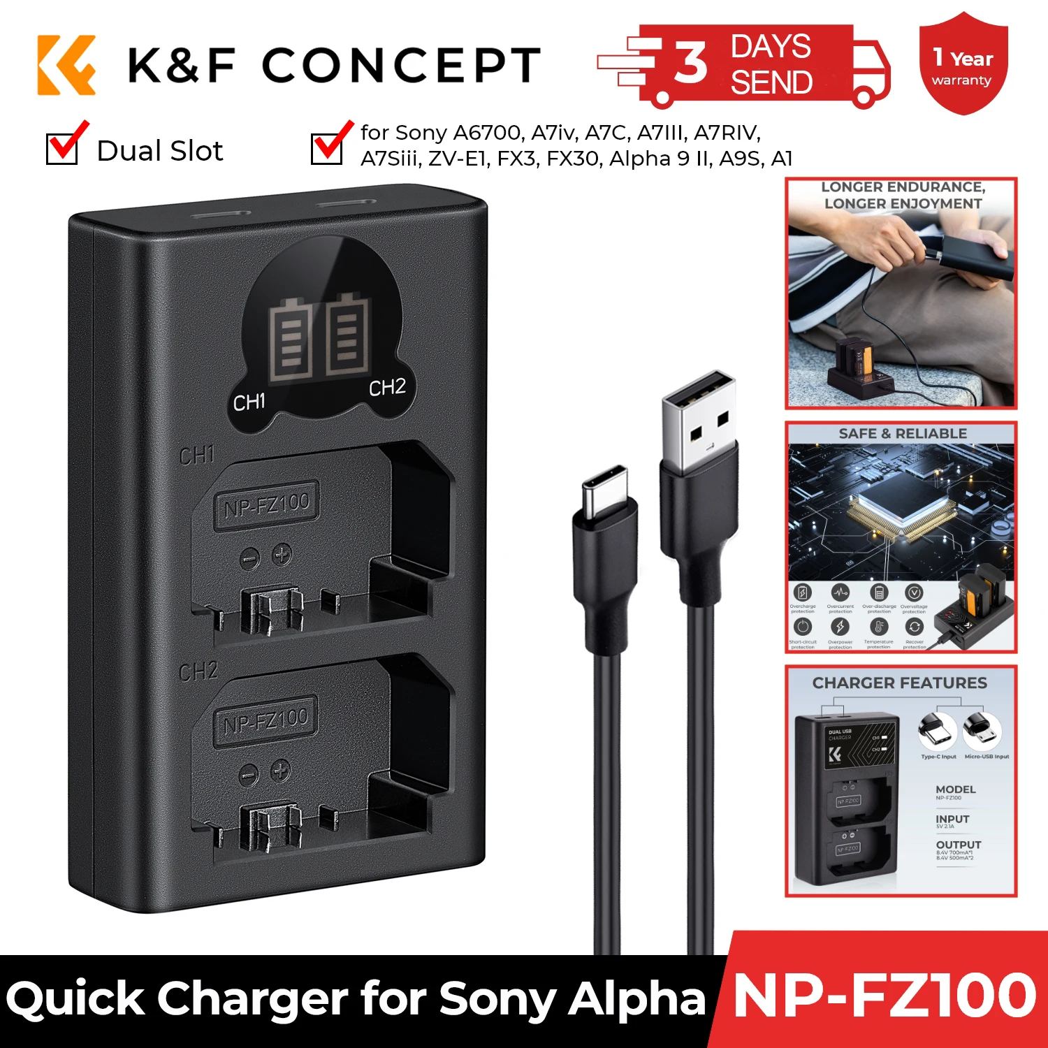 

K&F Concept NP-FZ100 Battery Charger Dual Slot Quick Charger for Sony Alpha A7 III A7R III A7R3 A9 a6600 a7R IV Alpha a9 Cameras