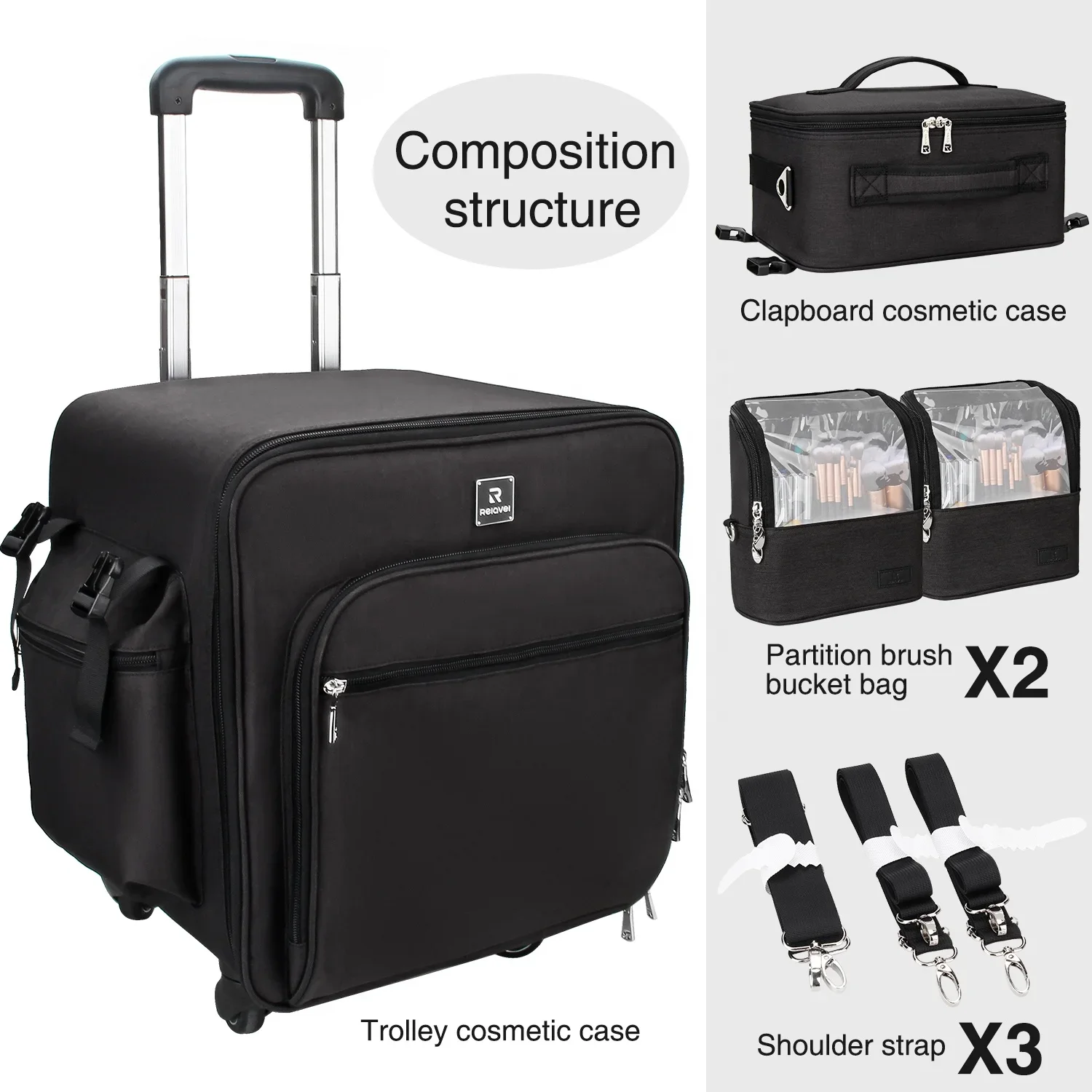 -for Relavel Professional Rolling Black Nylon Cosmetic Cases 4 In 1 Makeup Train Case Travel Cosmetic Bags For Makeup Artist view 3