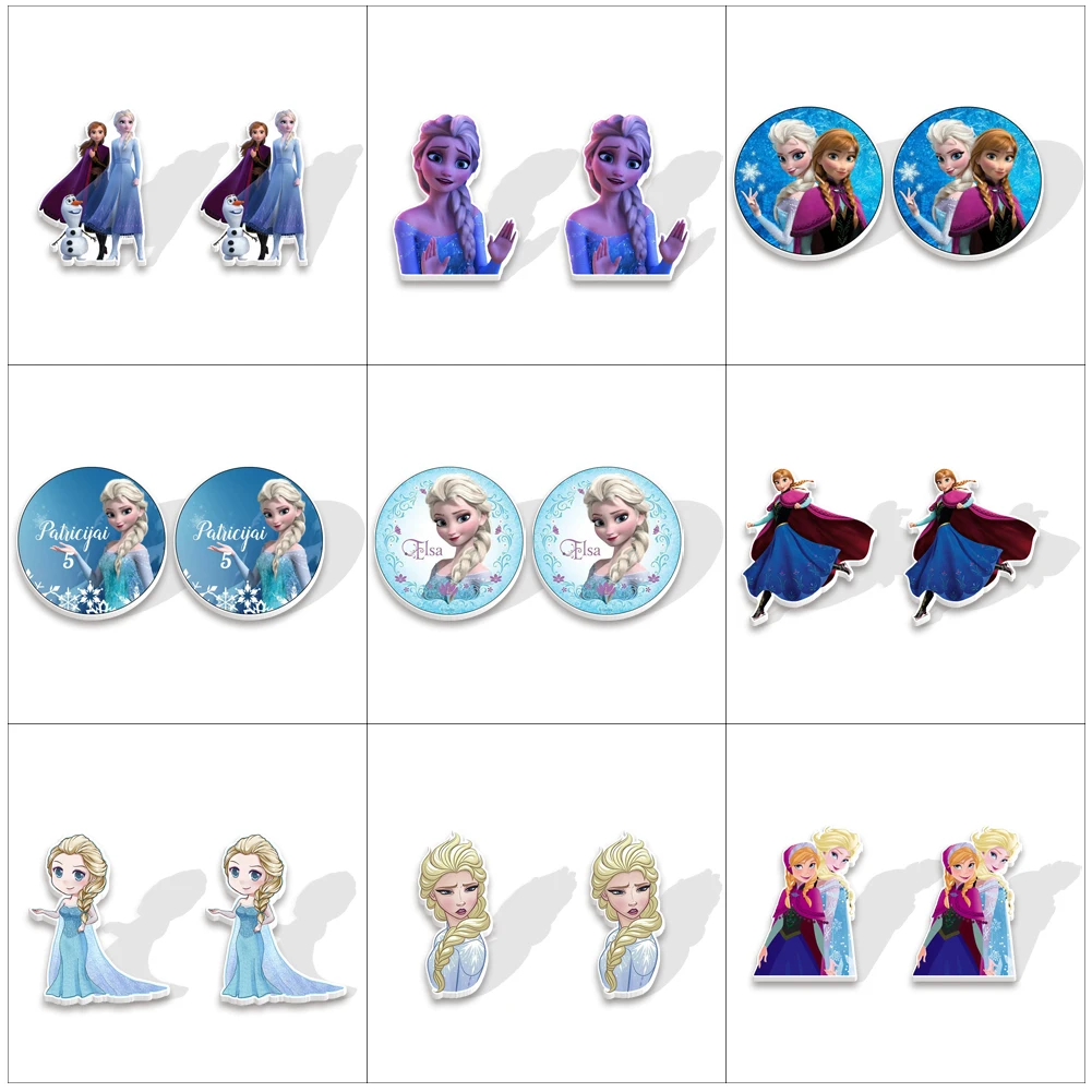 W Prozen Elsa Anna Princess Disney Cartoon Figure Character Women Stud Earrings Girl Acrylic Earring Jewelry for Gift