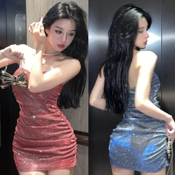 Summer Sequins V-neck Pleated Slim Dress Sexy Backless With Bra Pads Bandeau Bodycon Dress Fashion Sexy Backless with Chest Pad